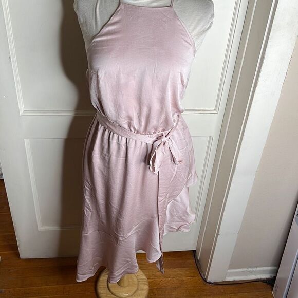Express High Neck Asymmetrical Fit And Flare Blush Pink Dress - Medium - Picture 2 of 5